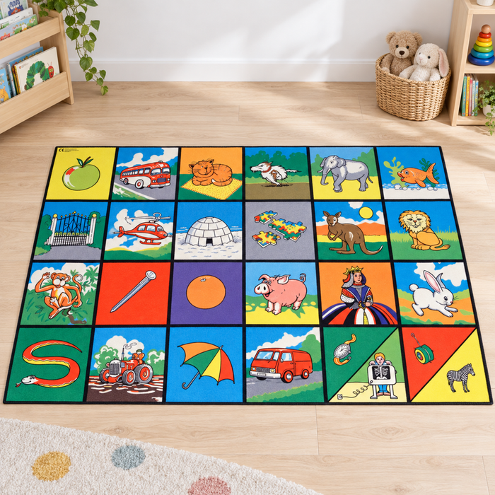 Alphabet Picture Playmat 1.5m x 1m with colourful phonic picture grid in an early years play setting