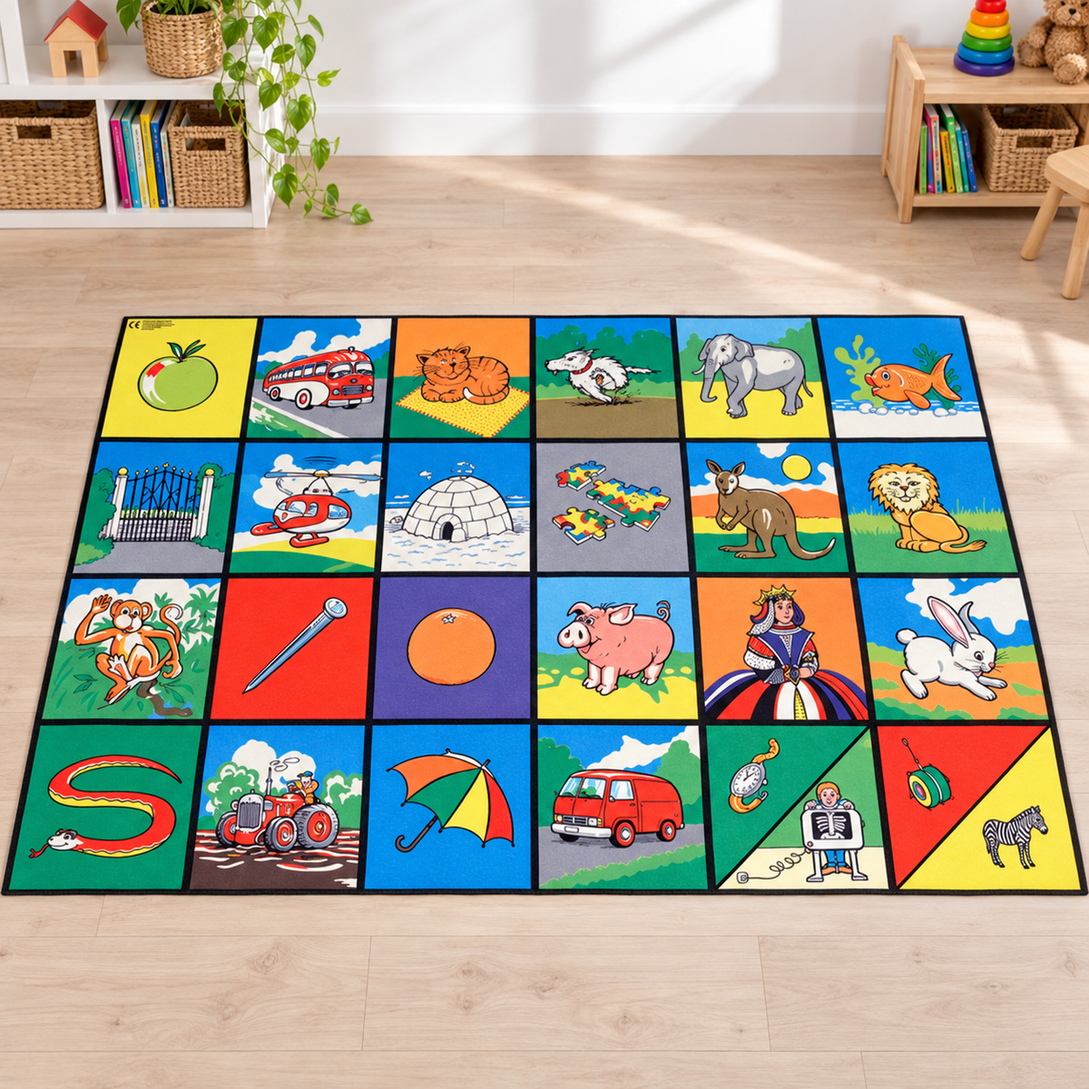 Alphabet Picture Playmat 1.5m x 1m with colourful phonic picture grid in an early years play setting