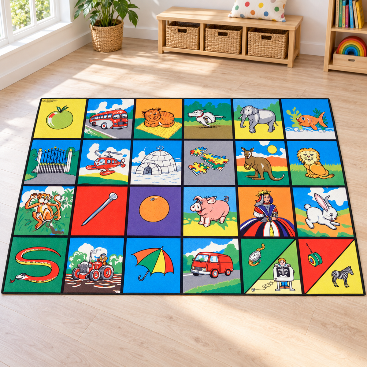 Alphabet Picture Playmat 1.5m x 1m with colourful phonic picture grid in an early years play setting