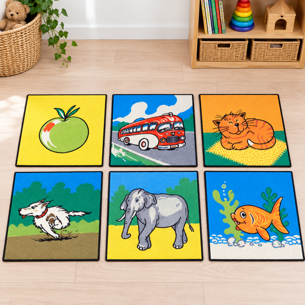Selection of six Alphabet Picture Tiles showing apple, bus, cat, dog, elephant and fish in an early years play setting