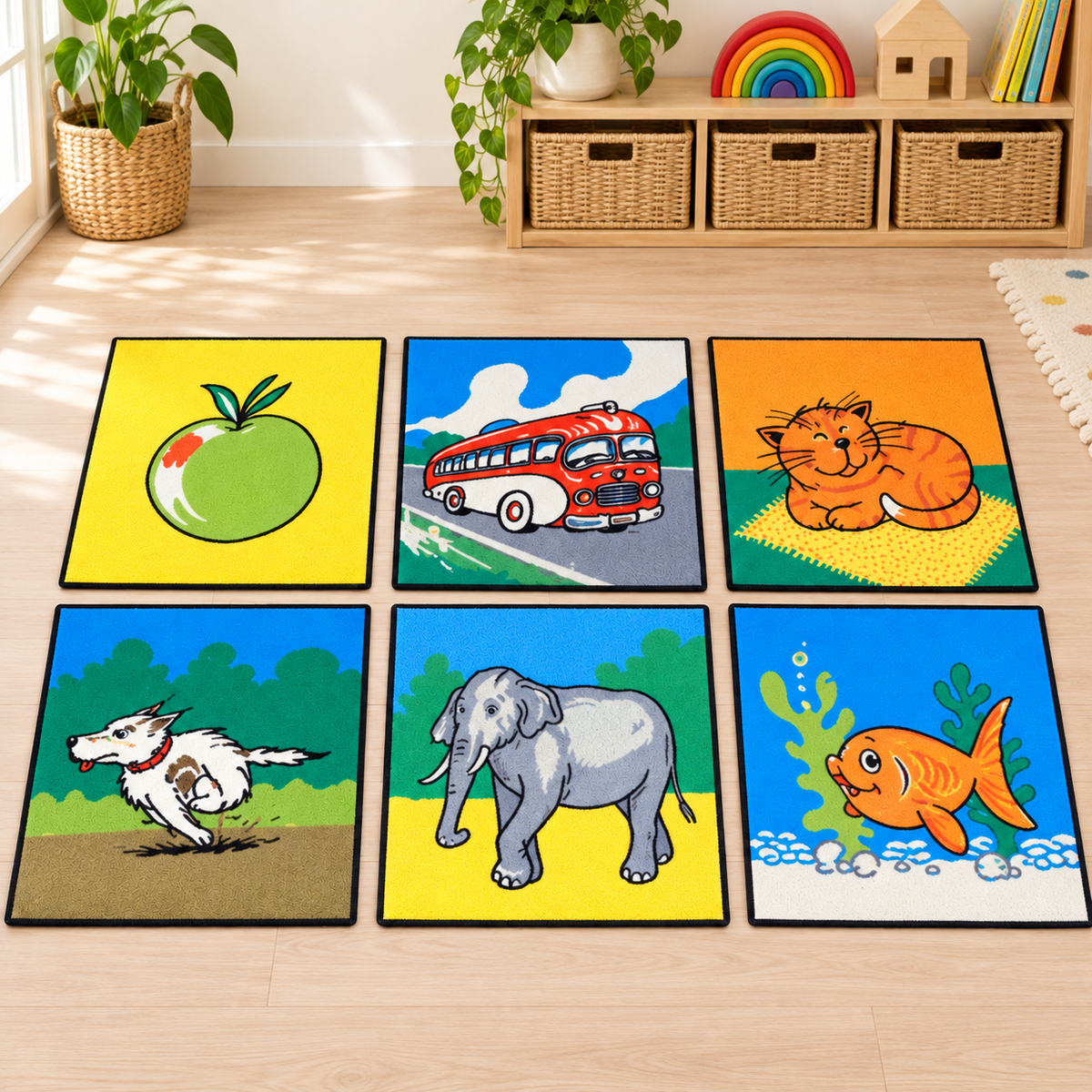 Selection of six Alphabet Picture Tiles showing apple, bus, cat, dog, elephant and fish in a bright playroom