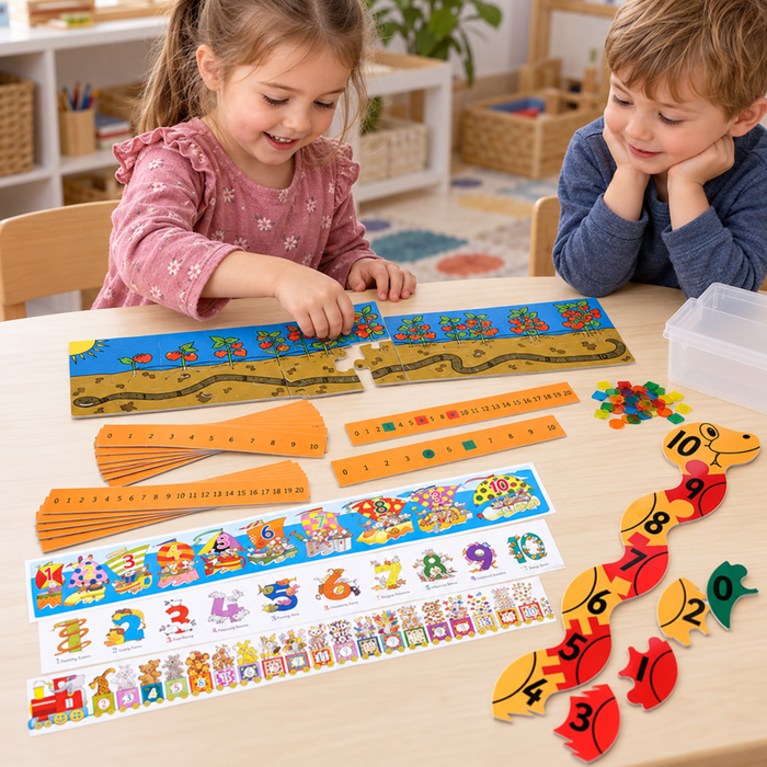 Children exploring the tabletop worm number-line jigsaw from the Number Line Activity Pack in an early years setting, lifestyle view 2