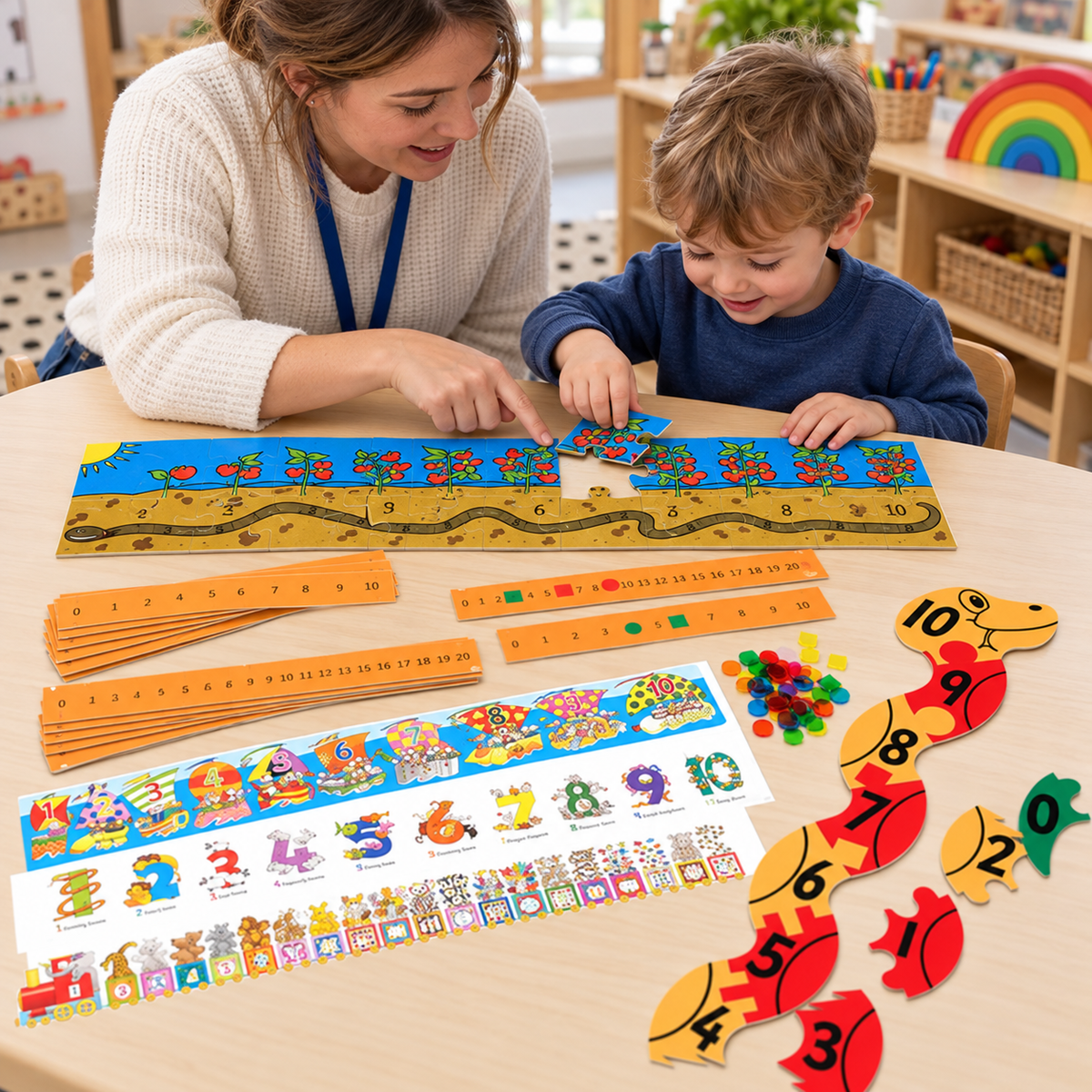Children using the 950 x 240mm tabletop worm number-line jigsaw from the Number Line Activity Pack with an adult, view 3
