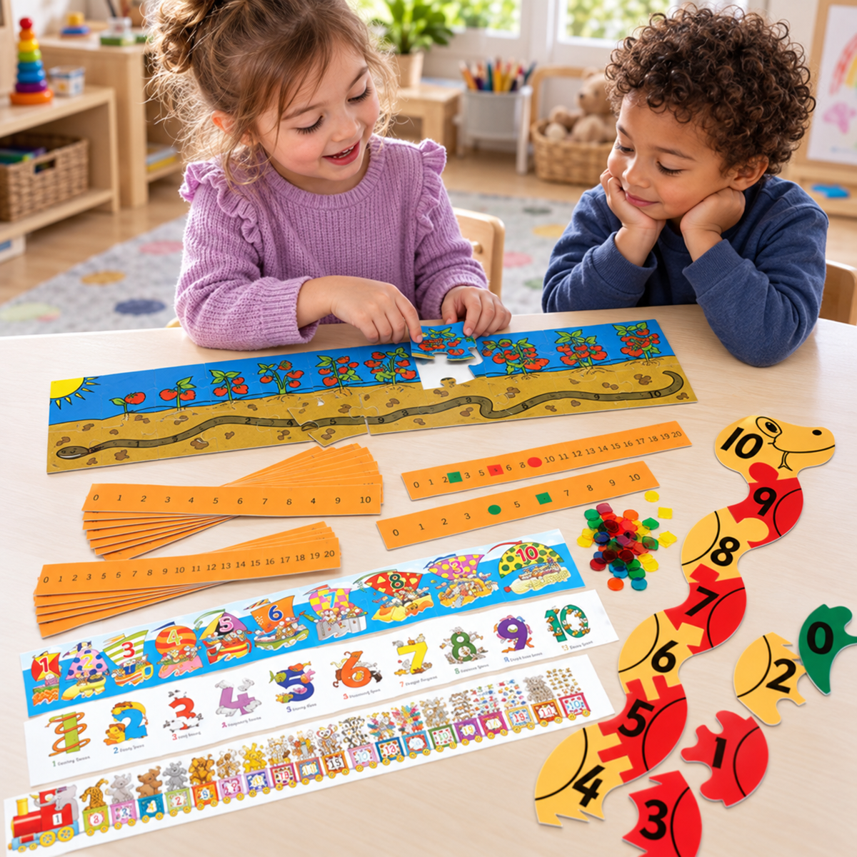 Children exploring the tabletop worm number-line jigsaw from the Number Line Activity Pack in an early years setting, lifestyle view 4