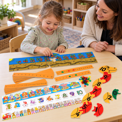 Children using the 950 x 240mm tabletop worm number-line jigsaw from the Number Line Activity Pack with an adult, view 5