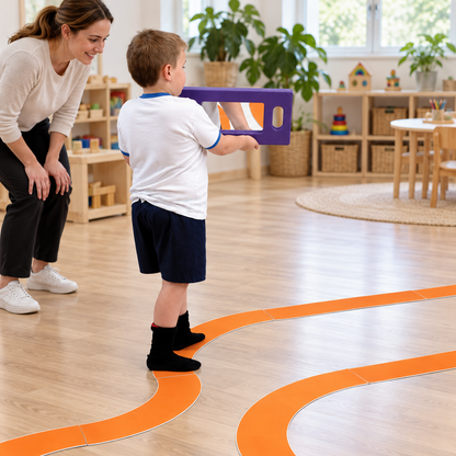 Trackway Motor Set, Over 7000mm of trackway in total, in use by children with an adult in an early years setting, lifestyle view 1
