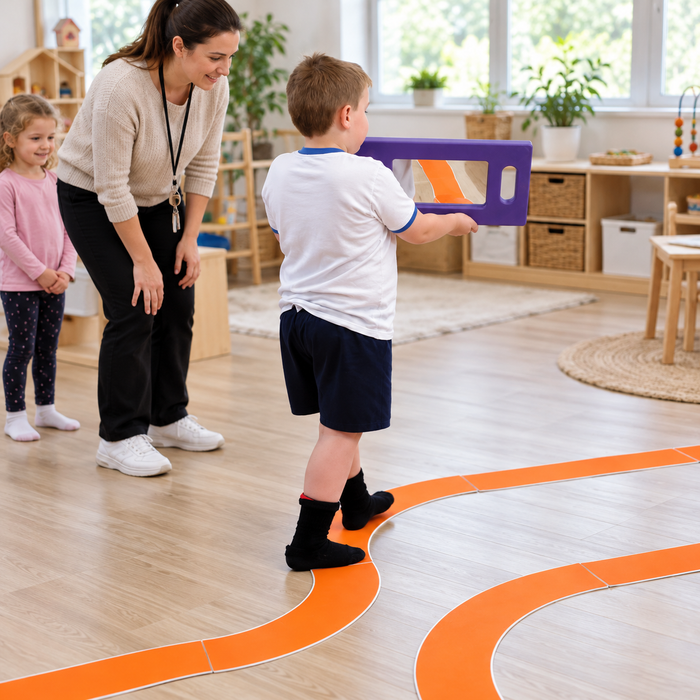 Trackway Motor Set, Over 7000mm of trackway in total, in use by children with an adult in an early years setting, lifestyle view 2