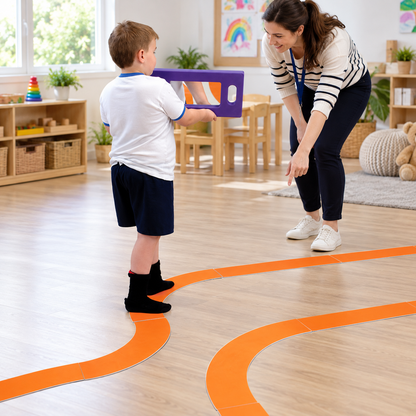 Trackway Motor Set, Over 7000mm of trackway in total, in use by children with an adult in an early years setting, lifestyle view 3