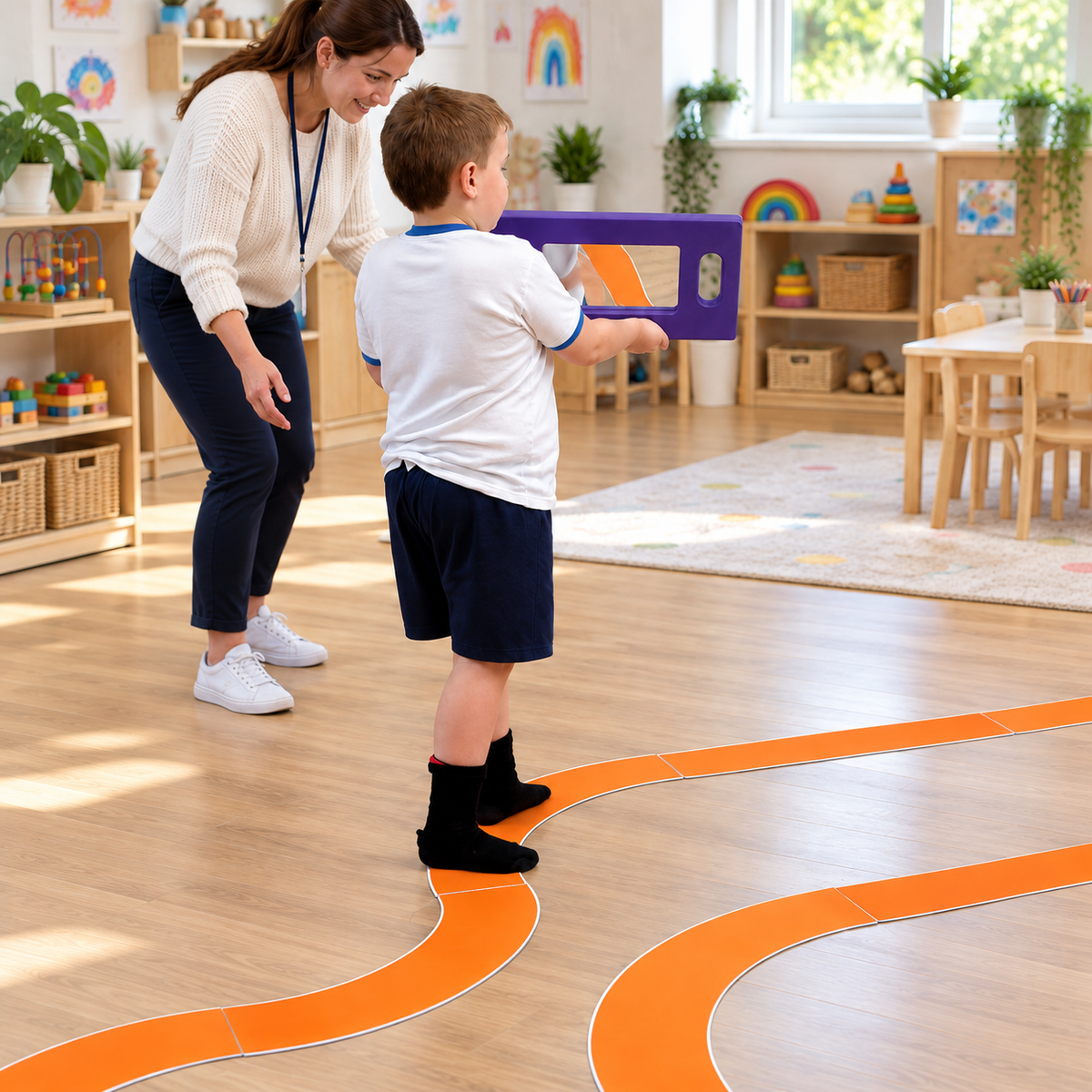 Trackway Motor Set, Over 7000mm of trackway in total, in use by children with an adult in an early years setting, lifestyle view 4