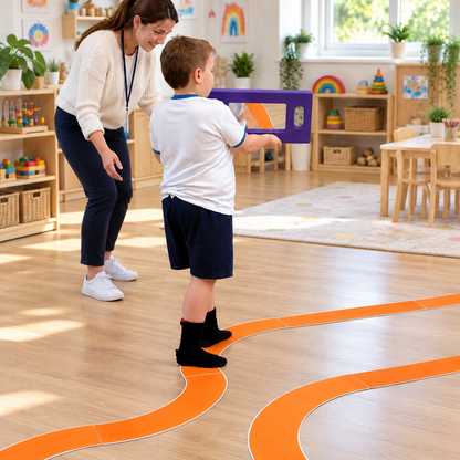 Trackway Motor Set, Over 7000mm of trackway in total, in use by children with an adult in an early years setting, lifestyle view 4
