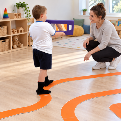 Trackway Motor Set, Over 7000mm of trackway in total, in use by children with an adult in an early years setting, lifestyle view 5