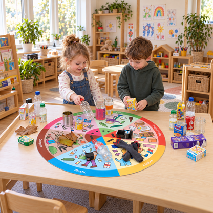 Children sorting objects on the 880mm Let's Recycle Playmat in an early years setting, lifestyle view 2