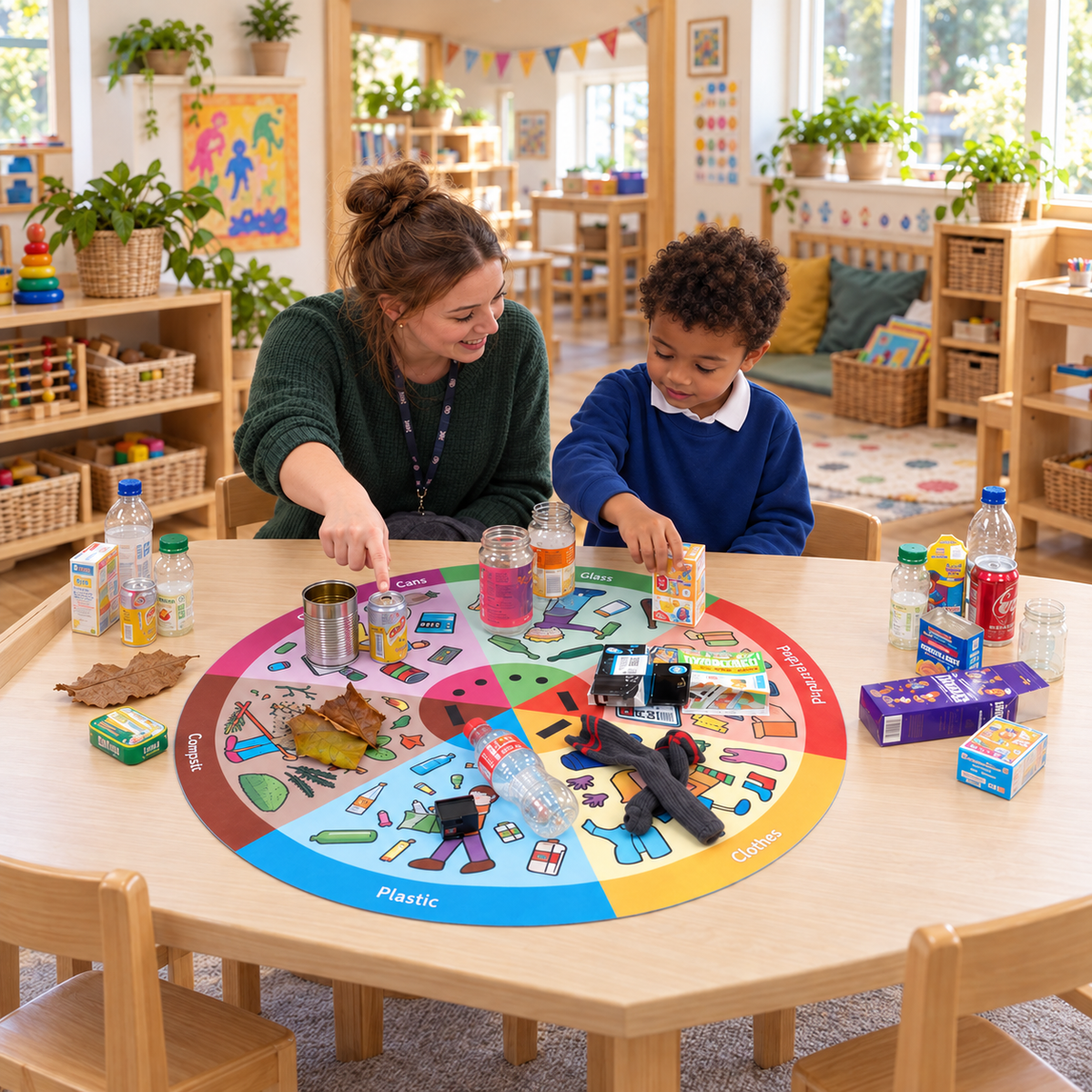 Let's Recycle Playmat, 880mm diameter, in use by children with an adult in an early years setting, lifestyle view 3