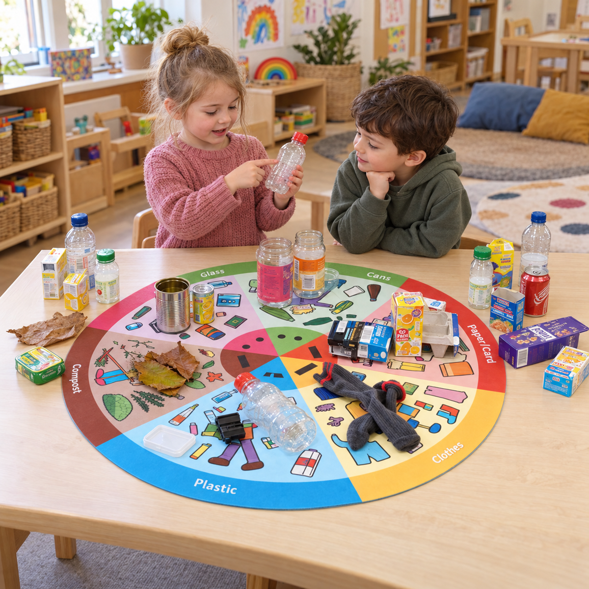 Children sorting objects on the 880mm Let's Recycle Playmat in an early years setting, lifestyle view 4