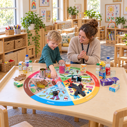 Let's Recycle Playmat, 880mm diameter, in use by children with an adult in an early years setting, lifestyle view 5