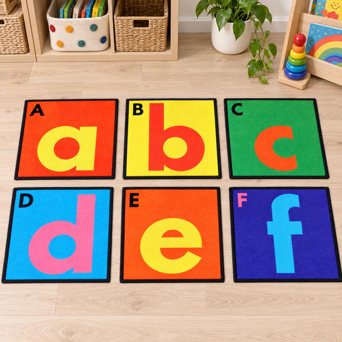 Selection of six separate Alphabet Floor Tiles showing A to F in an early years play setting