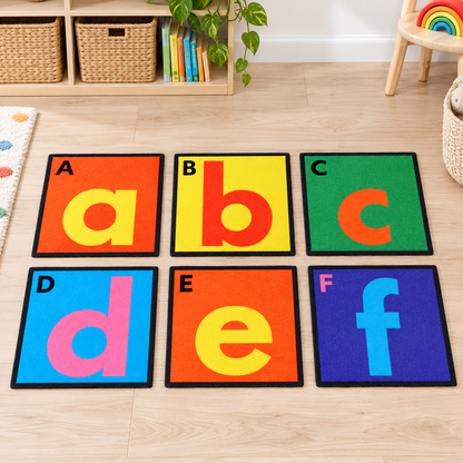 Selection of six separate Alphabet Floor Tiles showing A to F in an early years play setting