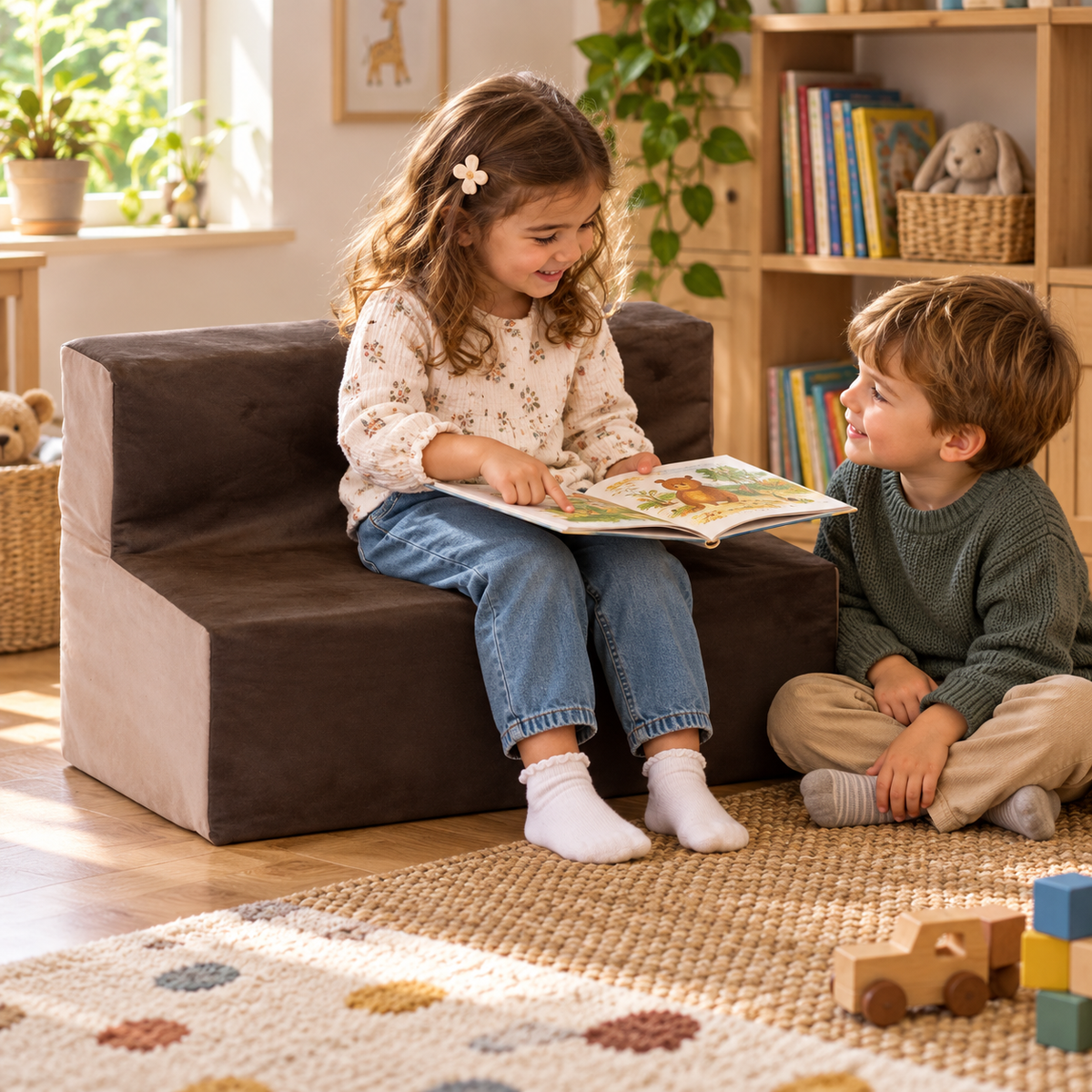 Child using 700mm wide suede sofa with 300mm seat height during reading and play in a nursery