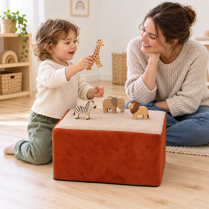 Suede Table/Stool in use by a child during reading and play in an early years setting, lifestyle view 2