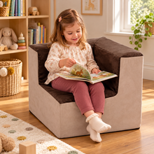 Suede Corner Chair at 560 x 460 x 460mm in use during reading or storytelling by a child in a nursery
