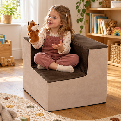 Suede Corner Chair at 560 x 460 x 460mm in use during reading or storytelling by a child in a nursery