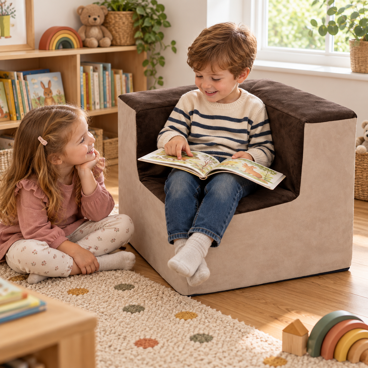 Suede Corner Chair at 560 x 460 x 460mm in use during reading or storytelling by a child in a nursery