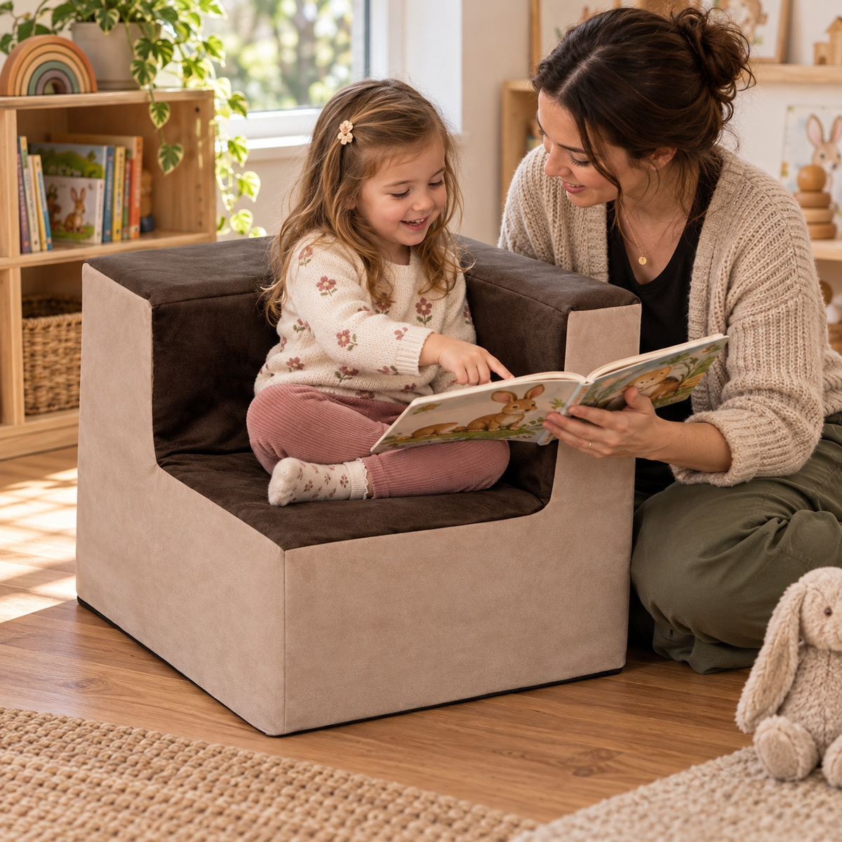 Suede Corner Chair at 560 x 460 x 460mm in use during reading or storytelling by a child in a nursery