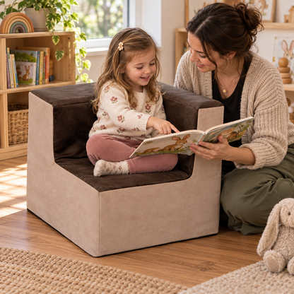 Suede Corner Chair at 560 x 460 x 460mm in use during reading or storytelling by a child in a nursery