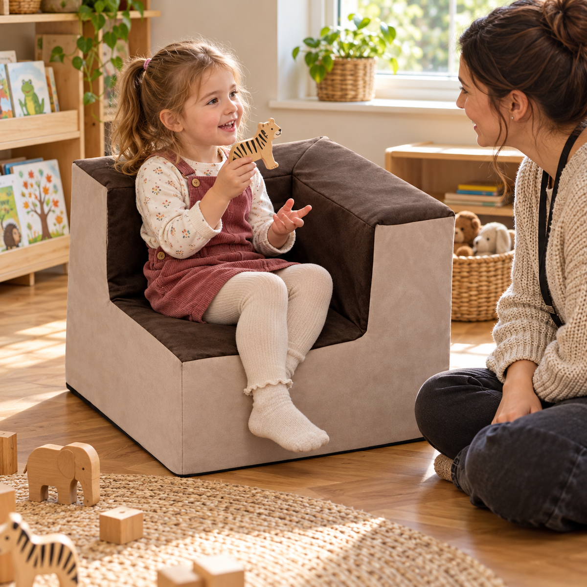 Suede Corner Chair at 560 x 460 x 460mm in use during reading or storytelling by a child in a nursery