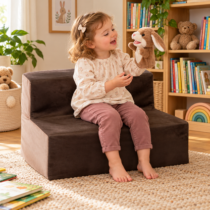 Child using 600mm wide toddler suede sofa with 200mm seat height during reading and play in a nursery