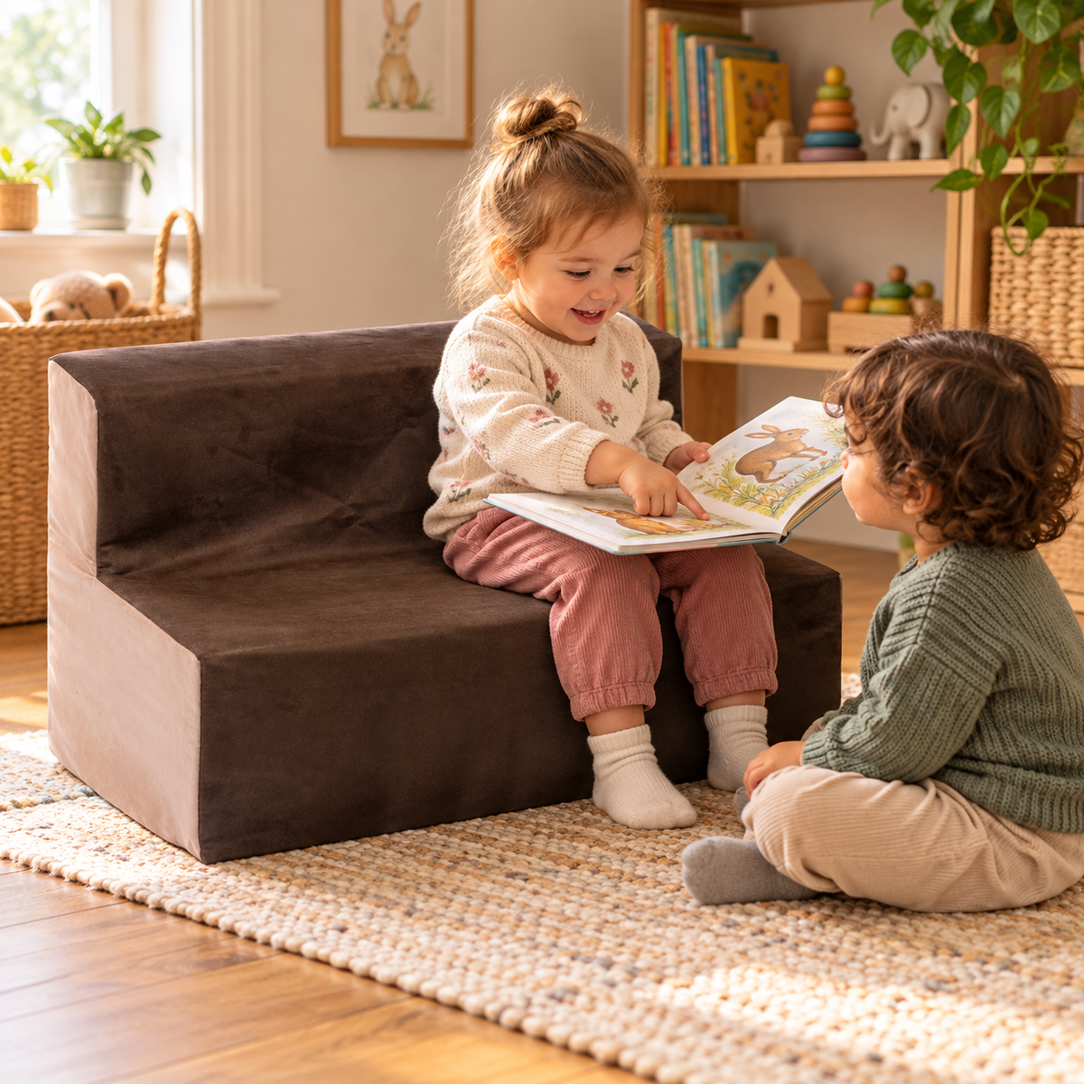 Child using 600mm wide toddler suede sofa with 200mm seat height during reading and play in a nursery