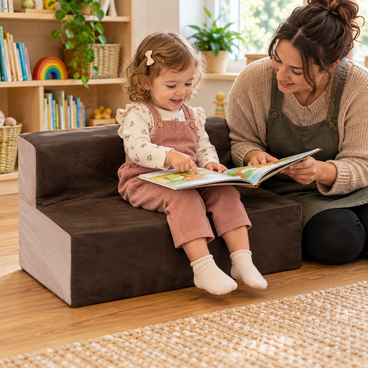 Child using 600mm wide toddler suede sofa with 200mm seat height during reading and play in a nursery