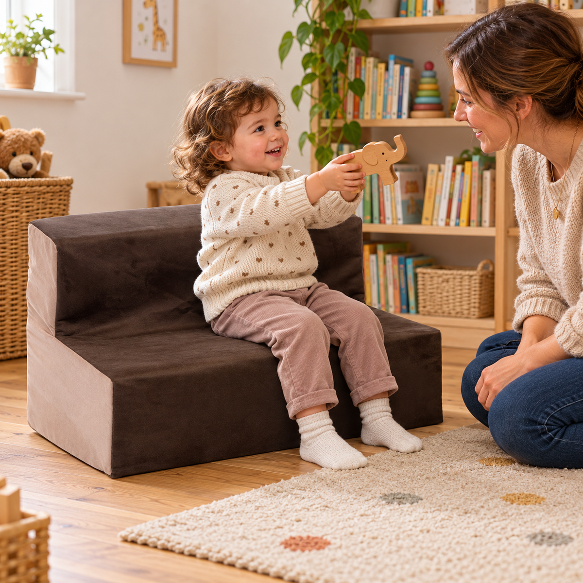 Child using 600mm wide toddler suede sofa with 200mm seat height during reading and play in a nursery