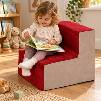Suede Toddler Chair at 400 x 400 x 300mm in use during reading or storytelling by a child in a nursery