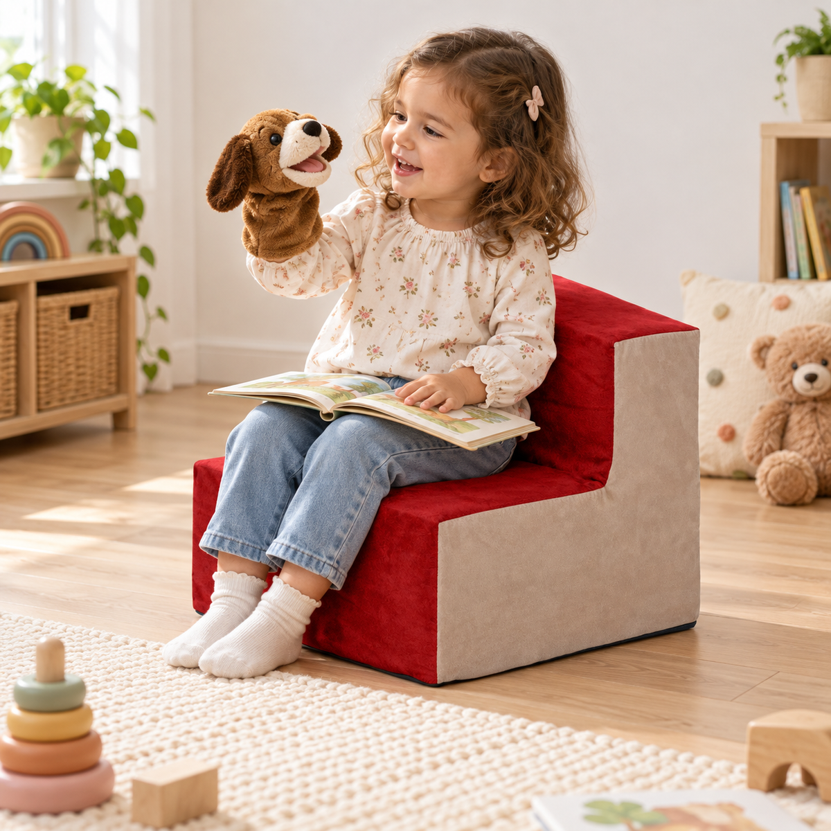 Suede Toddler Chair in use by a child during reading and play in an early years setting, lifestyle view 2