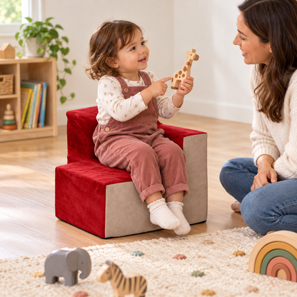 Suede Toddler Chair in use by a child during reading and play in an early years setting, lifestyle view 4
