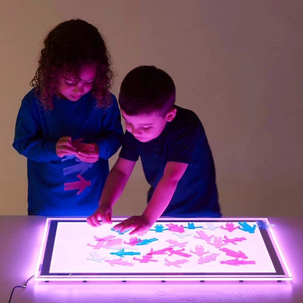 A2 Colour Changing Light Panel, Children will be fascinated by these new A2 Colour changing light panels allowing them to discover a new world bathed in coloured light. Colour changing light panels offer the opportunity to explore the effects of colour mixing, opacity and transparency and to observe natural made objects in a interesting and different way. The A2 Colour Changing Light Panel is powered by a low voltage mains power supply, they use the latest LED strips and diffusers to evenly illuminate the p