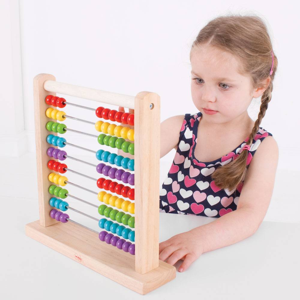 Abacus, With its bright beads and sturdy wooden frame, this traditional Wooden Abacus is an educational playroom essential. Ideal for use at home, nursery or even the classroom! Our rainbow wooden abacus toy encourages numeracy skills, patterning and colour recognition as little hands move the beads along. With ten rows and ten beads on each, let's start counting! Made from high-quality, responsibly sourced materials. Conforms to current European safety standards. Requires adult assembly. Suitable for 18+ m