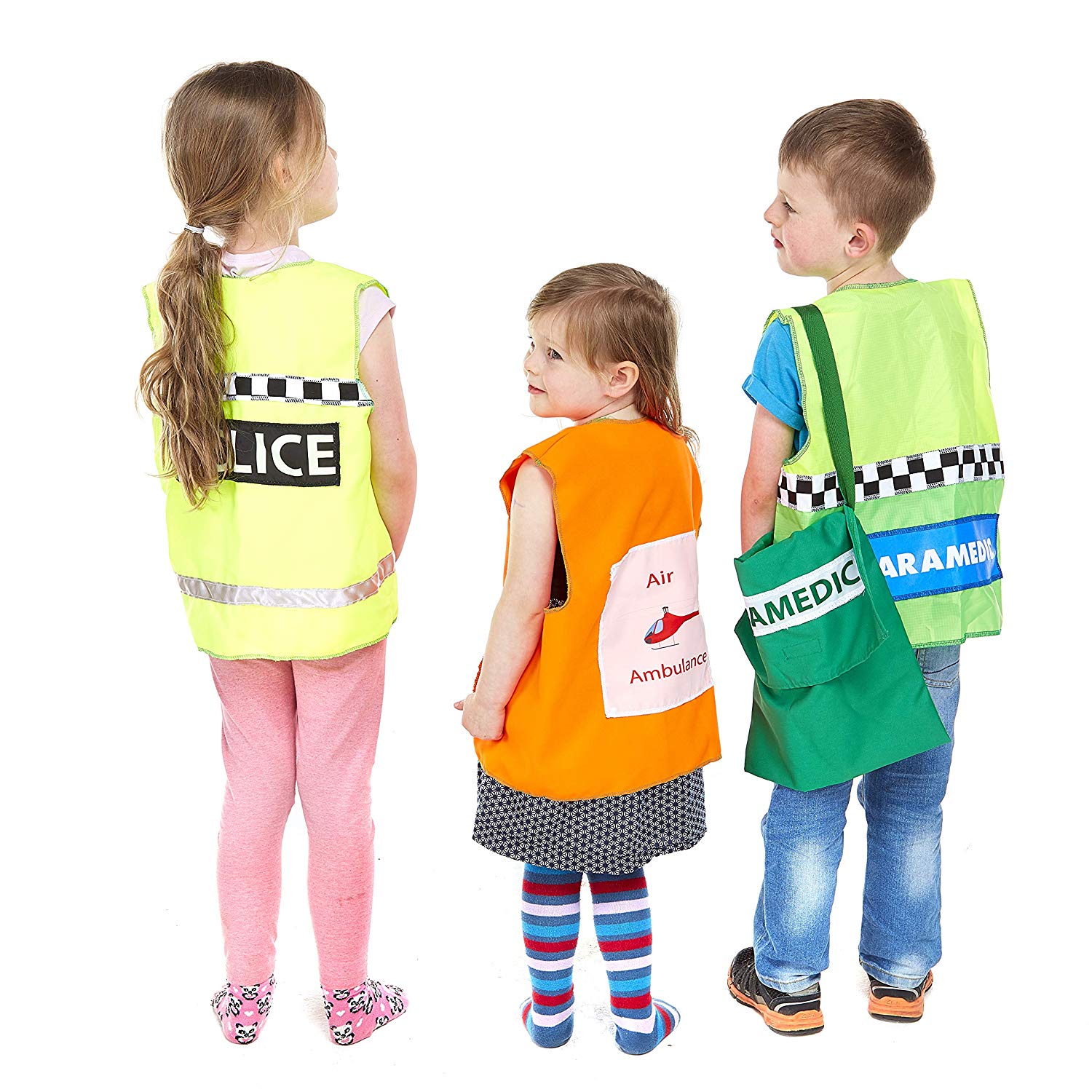 Accident Response Role Play Set, Introducing our Set of Role Play Accident Response Waistcoats, the perfect addition to your dressing up box! This set includes four dressing up waistcoats, specifically designed for emergency services role play.With two paramedic waistcoats, a police waistcoat, an air ambulance waistcoat, and a first aid kit bag, this set offers endless possibilities for imaginative play. Whether your little one dreams of being a hero in the medical field, a brave police officer, or a fearle
