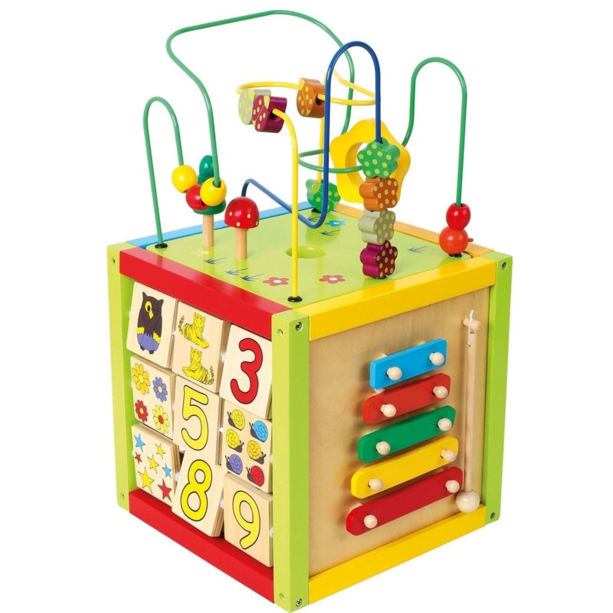 Activity Cube, This Wooden Activity Cube is a treasure trove of fun, offering five sides of diverse playtime activities designed to engage and educate young minds. With features like a xylophone, spinning pieces, chalkboard, and more, this cube is a versatile playground for children to develop their sensory and motor skills. With its convenient size, it allows two children to play simultaneously, making it a fantastic addition to any child's playroom or nursery. Activity Cube Features: 5-in-1 Activity Cube: