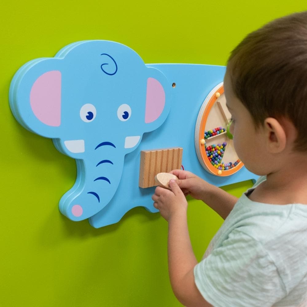 Activity Wall Panel Elephant, An appealing manipulative wall panel in a Elephant design, providing a range of fine motor activities several children can enjoy at once. The Activity Wall Panel Elephant is visually captivating and providing a range of interesting manipulative activities for a single child or group of children playing and exploring together. Excellent for the development of hand-eye coordination, finger control and fine motor skills. Also providing problem solving challenges appropriate to you