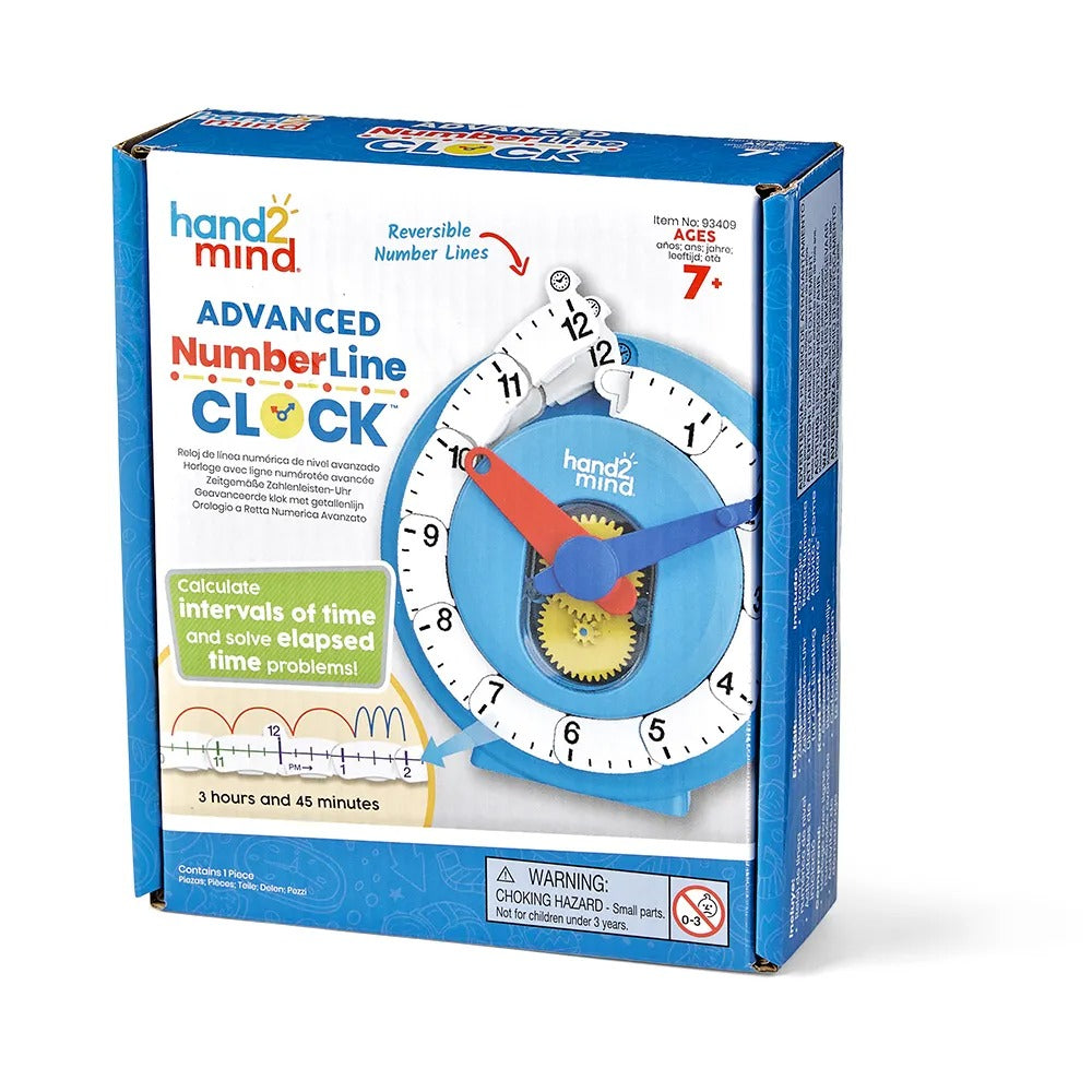 Advanced Number Line Clock, The Advanced Number Line Clock helps students boost their time-telling skills with the hands-on Advanced NumberLine Clock™. Each removable hour and minute chain on this teaching time clock unfurl into a straight number line. This helps children see how a clock face is simply a circular number line. Use this clock when teaching more advanced time concepts such as intervals of time and elapsed time. Help students understand more advanced time on a clock concepts including elapsed t
