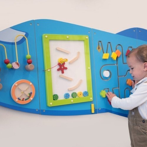 Aeroplane Activity Wall Panel, The Aeroplane Activity Wall Panel is made in five pieces, each with a different set of manipulative activities to encourage hand-eye coordination and fine motor skills including: a clock with moving hands, wire bead maze, magnetic pens, shape maze and interlocking gears. The Aeroplane Activity Wall Panel comes fully assembled with fixing holes and attachment screws for easy fitting to a wall.The Aeroplane Activity Wall Panel supports the following areas of learning: Physical D
