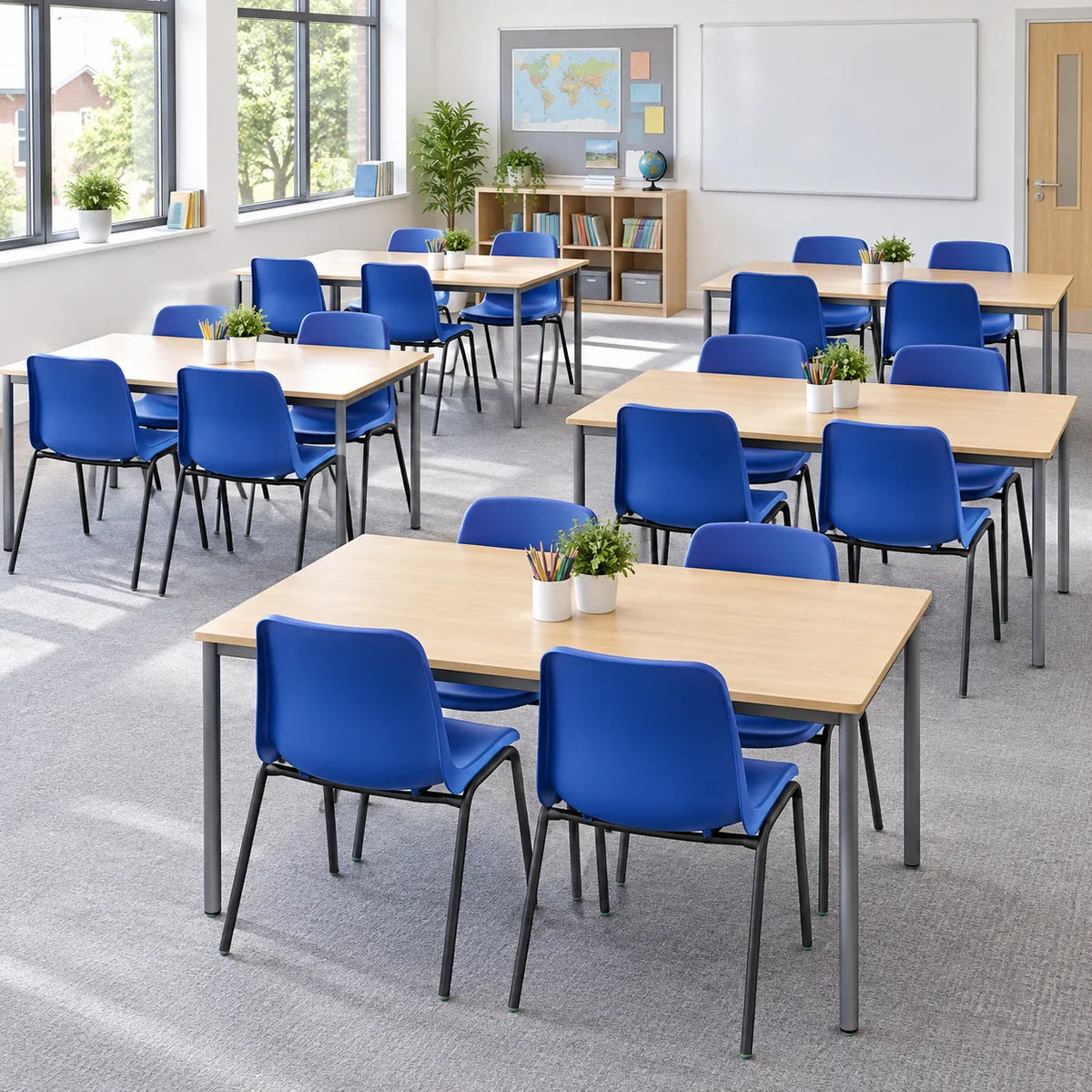 Affinity Antimicrobial Blue Stacking Chair Set of 20 in a bright UK classroom – lifestyle image 1