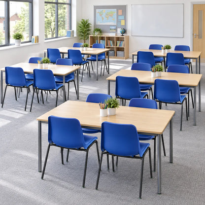 Affinity Antimicrobial Blue Stacking Chair Set of 20 in a bright UK classroom – lifestyle image 1