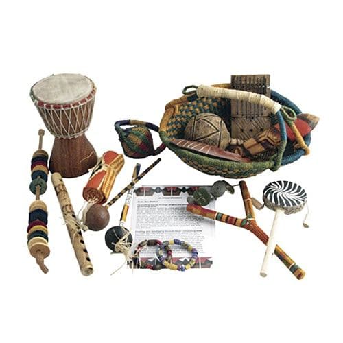 African Adventure Music Kit, The African Adventure Music Kit offers a unique and enriching cultural experience for children, particularly those in Key Stages 1 and 2. This African Adventure Music Kit not only allows for musical exploration but also delves into African art and design, providing a multi-disciplinary educational experience. African Adventure Music Kit Features: Cultural Variety: The kit comes with African masks and woven Kente cloth, which can be used for cultural education as well as musical 