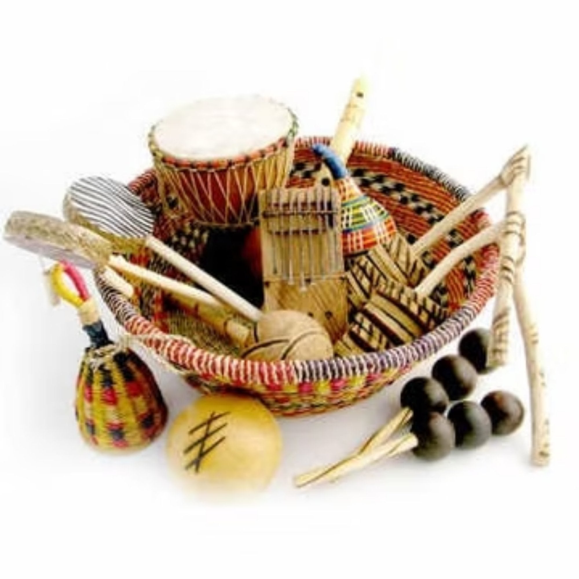 African Music Basket, The African Music Basket is not just an assortment of musical instruments; it's a cultural and ethical purchase that supports authentic craftsmanship and community wellbeing in Africa. Here are some notable features: Cultural Significance Authentic Instruments: Each African Music Basket contains 13 unique, handcrafted instruments originating from Africa, such as hosho maracas, a co-co shaker, caxixi, m’bira thumb piano, small djembe drum, rakataks, monkey drums, a Moroccan flute, a gou