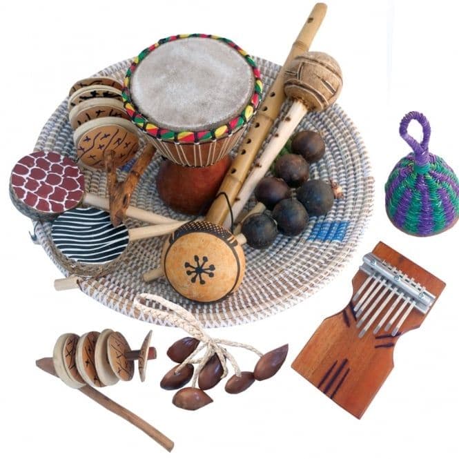 African Music Basket, The African Music Basket is not just an assortment of musical instruments; it's a cultural and ethical purchase that supports authentic craftsmanship and community wellbeing in Africa. Here are some notable features: Cultural Significance Authentic Instruments: Each African Music Basket contains 13 unique, handcrafted instruments originating from Africa, such as hosho maracas, a co-co shaker, caxixi, m’bira thumb piano, small djembe drum, rakataks, monkey drums, a Moroccan flute, a gou