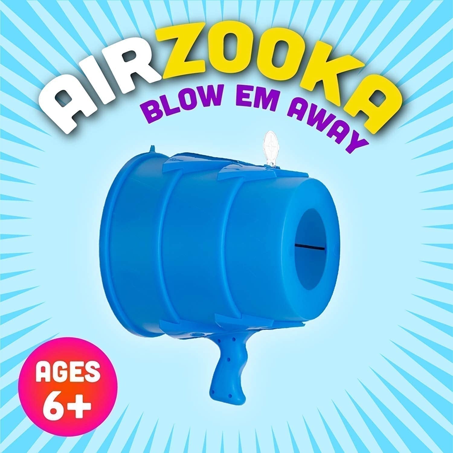 Airzooka, It's so simple, you won't need anything but the Airzooka itself. The bucket-shaped plastic container blows a ball of air, sending papers flying off desks, messing up hair, knocking light targets off their bases. To use it, just flip up the site, grip the handle with one hand and the air launcher with the other, and pull straight back on the air launcher. Once you release, the air blasts through the atmosphere, causing a wind storm whenever you want! The pop-up site can even help you improve your a