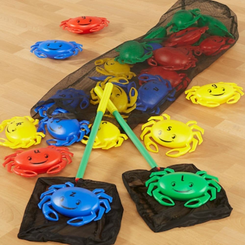 Alphabet Crab Netting, The Netting Alphabet Crabs Game is perfect for developing letter recognition, this fun Netting Alphabet Crabs Game features 26 friendly plastic crabs printed with lowercase letters. Help develop gross motor skills with the large nets. Ideal for sand and water play, this game can be used indoors or outdoors. This is a fun filled netting game where you catch the alphabet crabs with your net using a unique netting action. Netting Alphabet Crabs develops gross motor skills, hand eye co-or